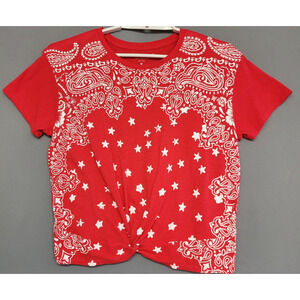 Lucky Brand Bohemia T-shirt Womens M Red White Bandana Stars Print Knot Hem